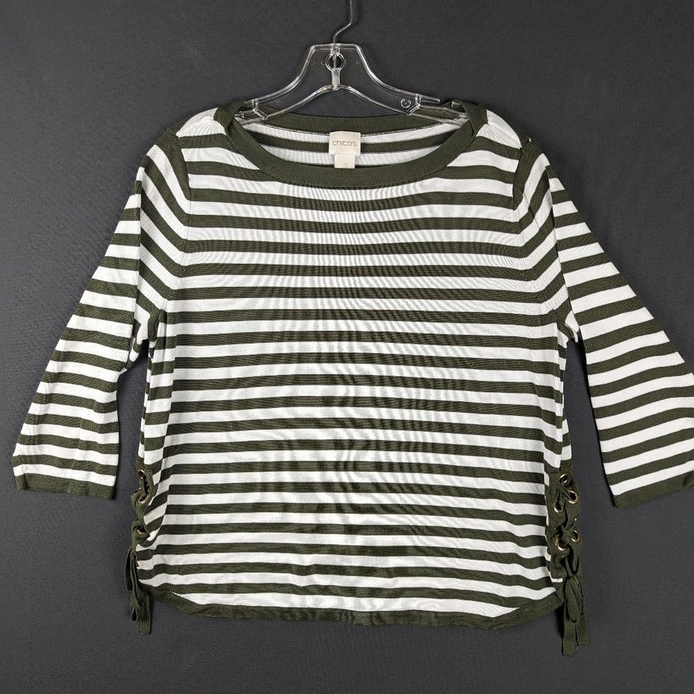 Chicos Blouse Women Extra Large Chico 3 Knit Olive Stripe SemiSheer Professional